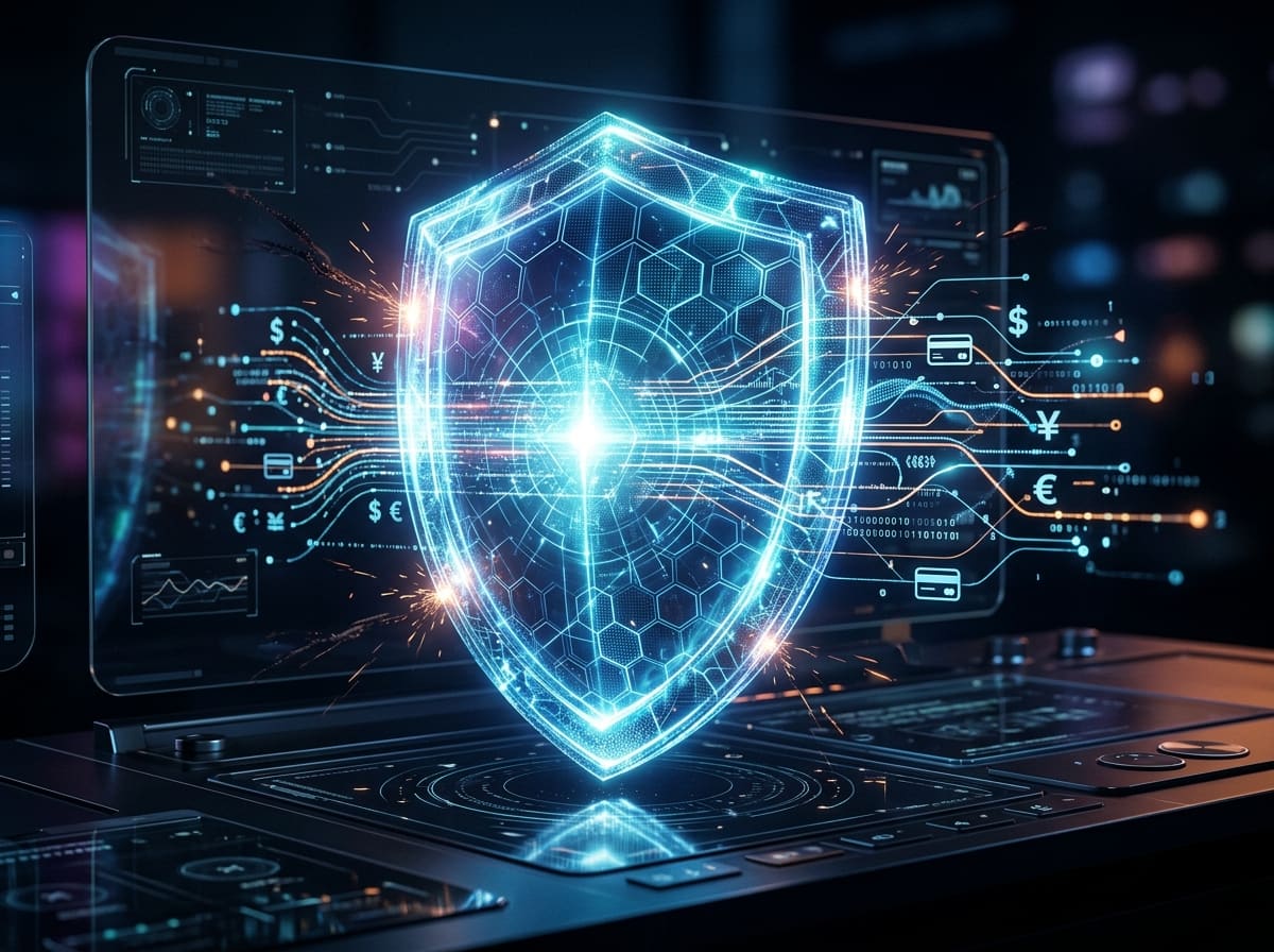 Leuchtendes digitales Schutzschild vor einem dunkelblauen Technologie-Hintergrund mit Schaltkreis-Elementen als Symbol für Cybersicherheit.