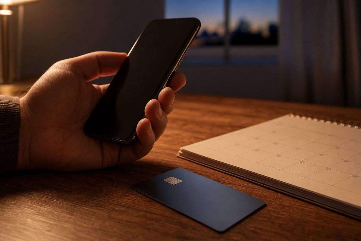 Bankkarte, Smartphone und Wandkalender auf einem Schreibtisch im Abendlicht