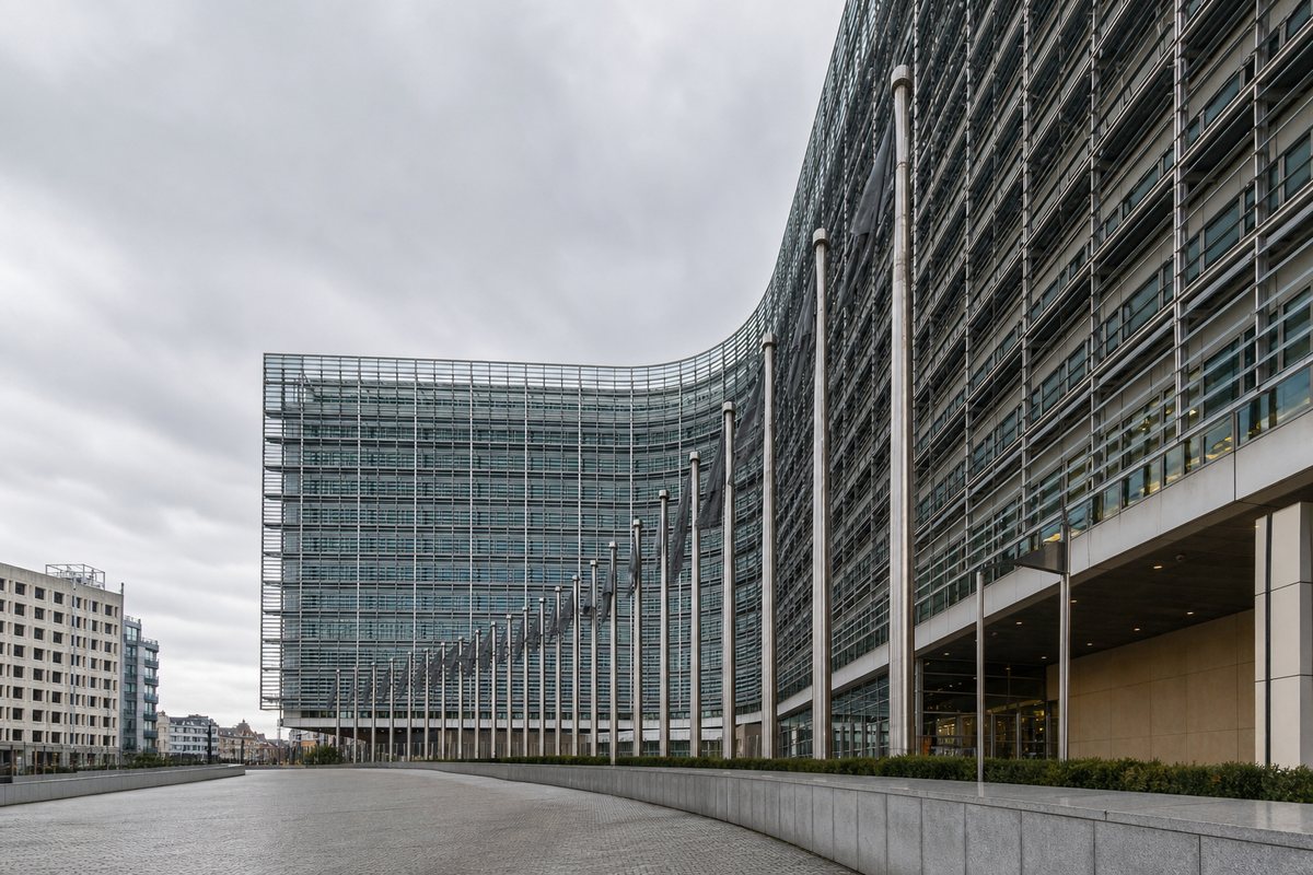 Glasfassade eines modernen Institutionsgebaeudes in Bruessel bei bedecktem Himmel