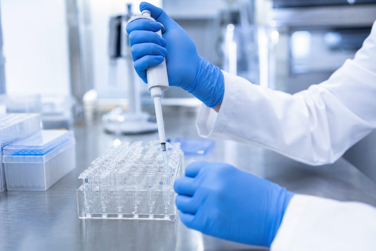 Behandschuhte Hände mit einer Pipette über kleinen Fläschchen in einem Labor