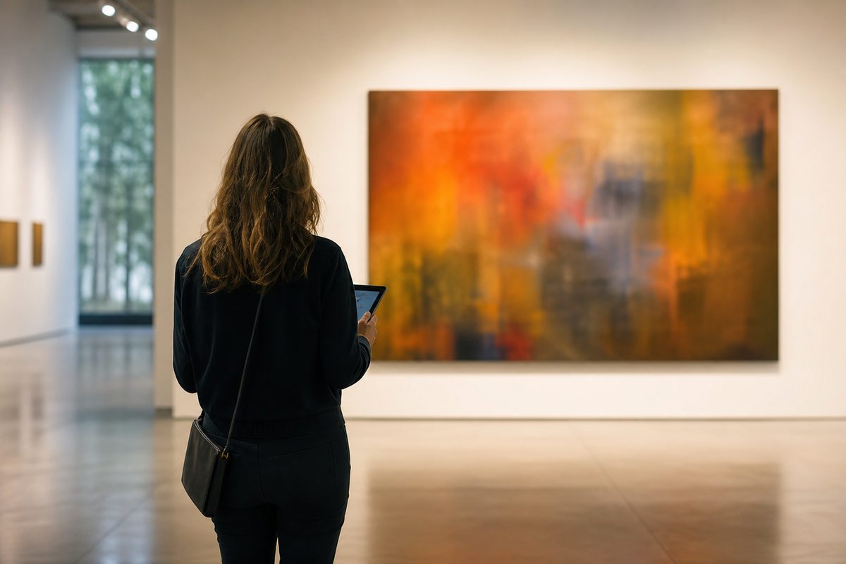 Besucher mit einem Tablet vor einem großen Kunstwerk in einer modernen Galerie