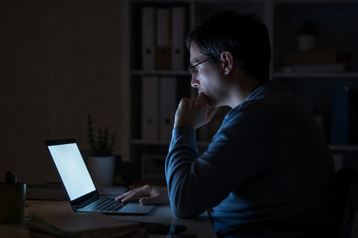 Person am nächtlichen Schreibtisch, nur vom Licht eines Laptops beleuchtet